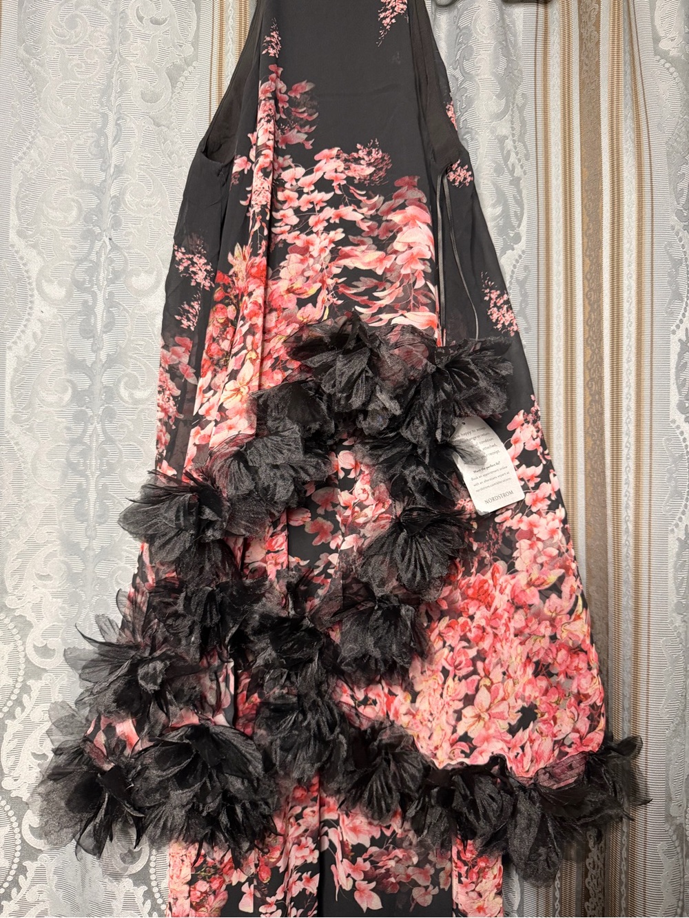 Elliatt Black Gown with Pink Floral Print and Feather Trim - Picture 5 of 7